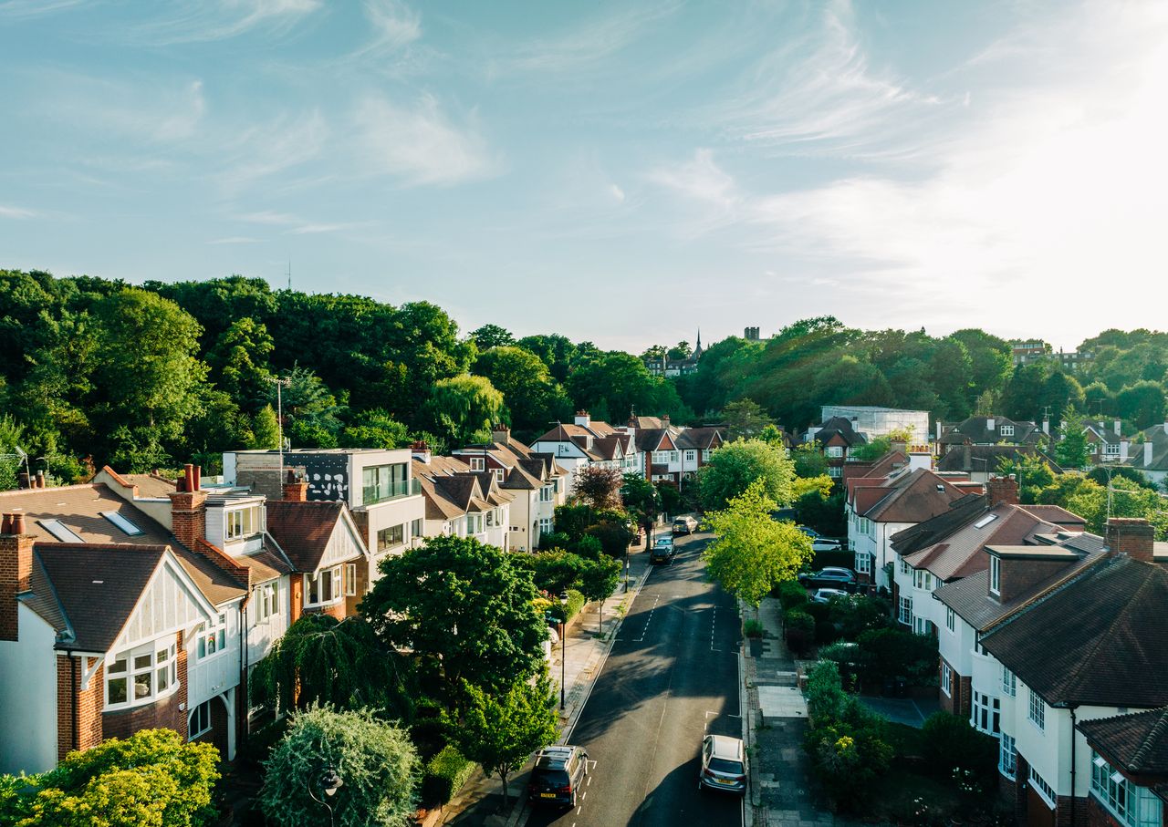 An elevated view of London houses at sunset 