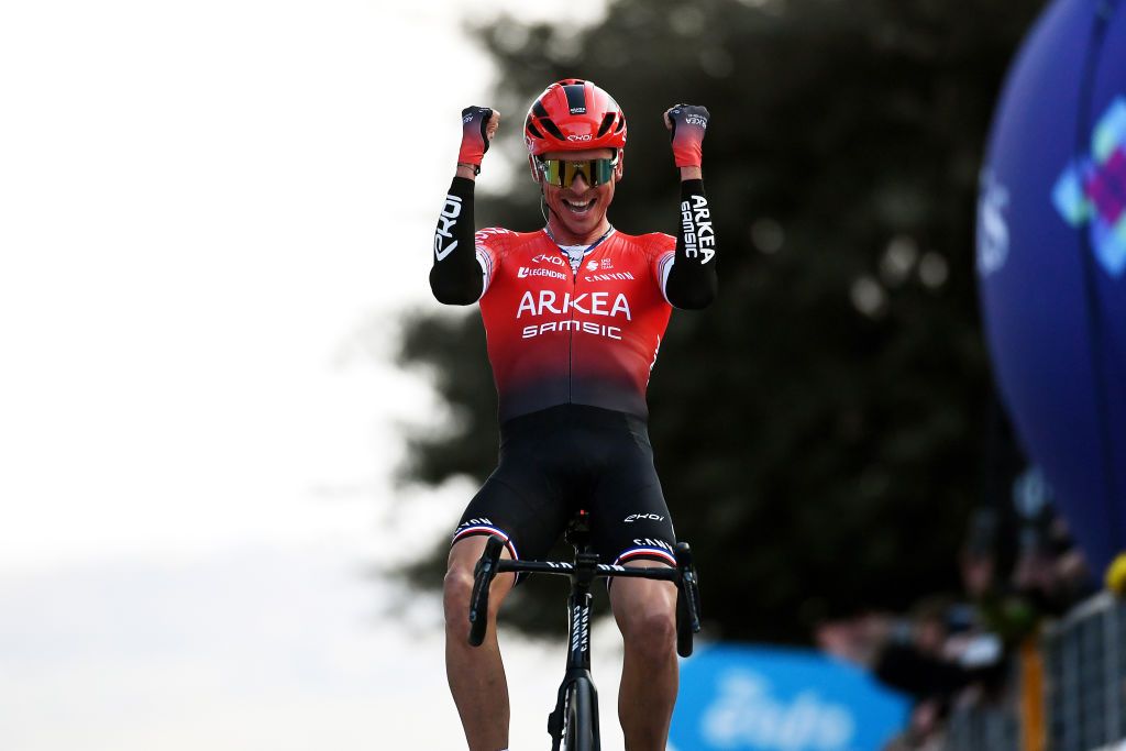 FERMO ITALY MARCH 11 Warren Barguil of France and Team Arka Samsic celebrates at finish line as stage winner during the 57th TirrenoAdriatico 2022 Stage 5 a 155km stage from Sefro to Fermo 317m TirrenoAdriatico WorldTour on March 11 2022 in Fermo Italy Photo by Tim de WaeleGetty Images