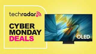 A Samsung OLED TV with a sign saying Cyber Monday deals