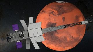 a long rectangular spaceship in front of reddish orange planet