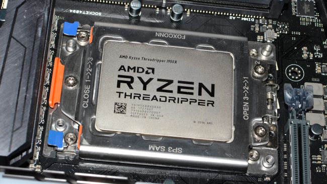 A close-up of the AMD Ryzen Threadripper in the socket.