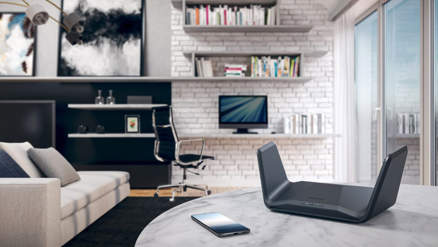 Lifestyle shot of the Netgear Nighthawk RAXE300 router on a table in front of a sliding glass door in a modern home.