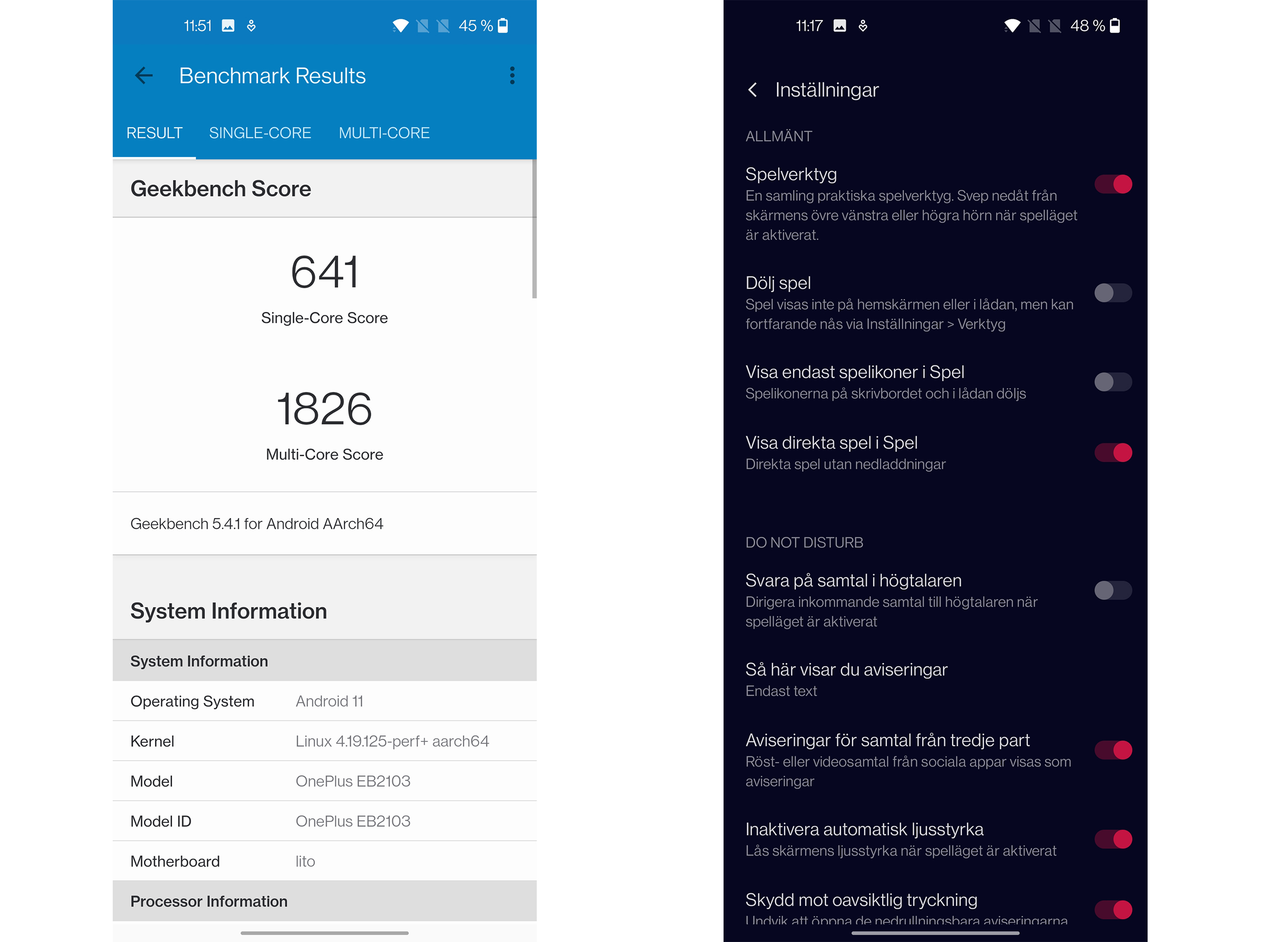 OnePlus Nord CE 5G, betyg från Geekbench samt inställningsmöjligheter för spel i OxygenOS 11.