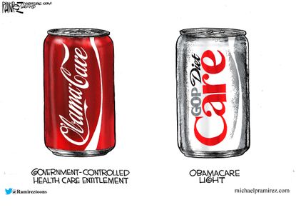 Political cartoon U.S. GOP health care bill Diet Coke Obamacare