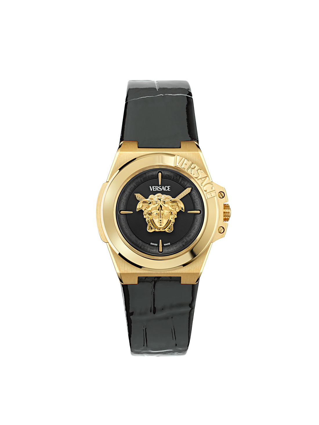Versace Hera Black Sunray Dial & Leather Strap Watch