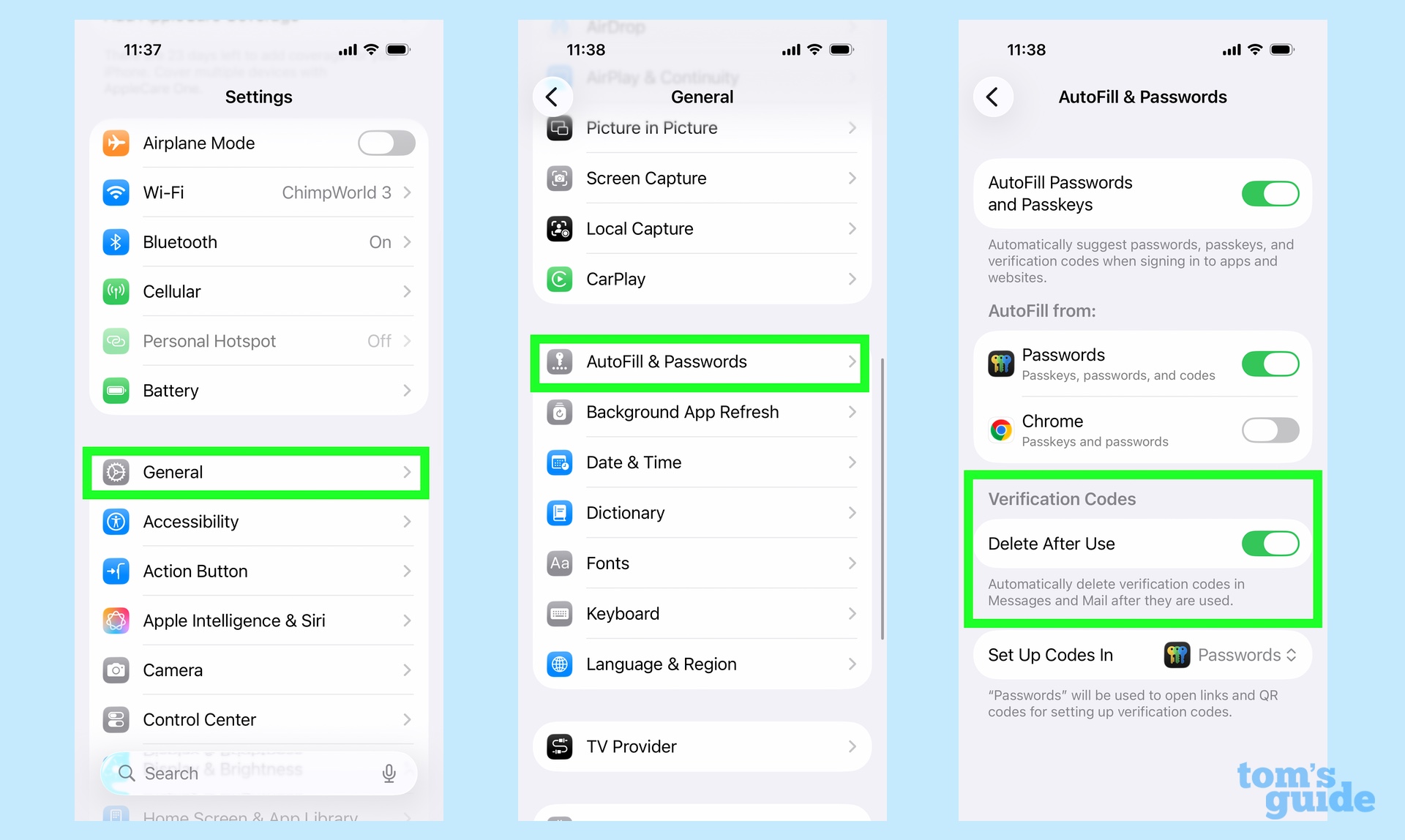delete verification codes after use by turning on a toggle in the autofill and passwords section of settings