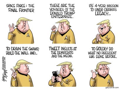 Political cartoon U.S. Trump Star Trek Space Force Obama Democrats media USS Enterprise