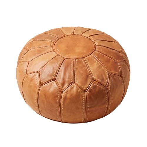 Moroccan Handmade Leather Pouf Ottoman &amp;mdash; Round Genuine Leather Footstool, Hand-Stitched Unstuffed Pouf Cover for Living Room, Bedroom &amp;amp; Nursery (cognac Brown)
