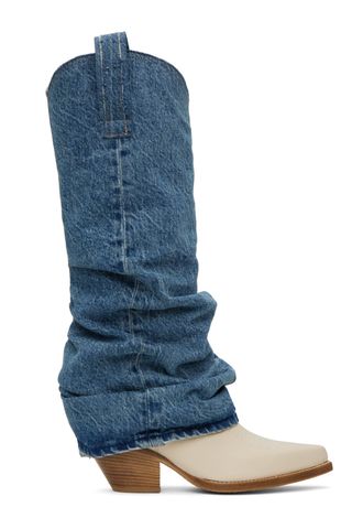 R13 , Blue & White Mid Cowboy Denim Sleeve Boots