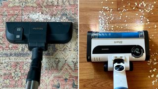 Cordless vacuum picking up flour on a rug (left), and oats from a hard floor (right)