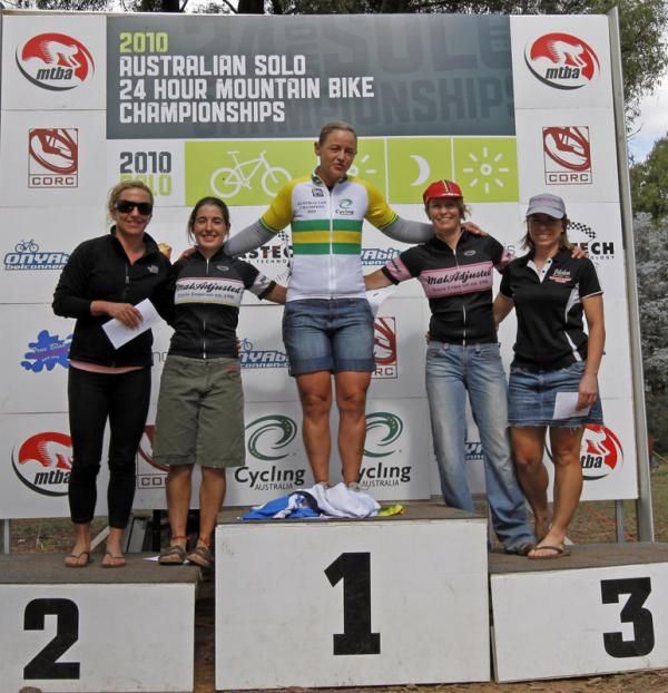 The Women's podium, L to R, Jacqui Kennett (4th), Claire Graydon (2nd) Jess Douglas (Australian Champion), Bec Parkes, (3rd and 1st Singlespeed), Belinda Porter (5th)