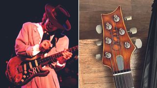 Stevie Ray Vaughan and the headstock of a custom PRS Silver Sky Number One tribute