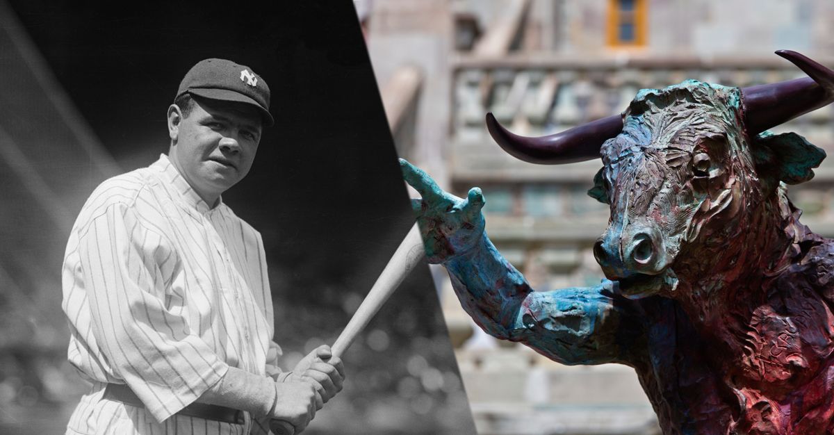 Yankees baseball champion, Babe Ruth, preparing to bat at the opening game at the Polo Grounds, New York, on April 22, 1920; Statue of Minotaur in front of the University of Guanajuato.
