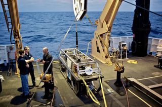 The Okeanos Explorer preparing for a research mission in the Gulf of Mexico.