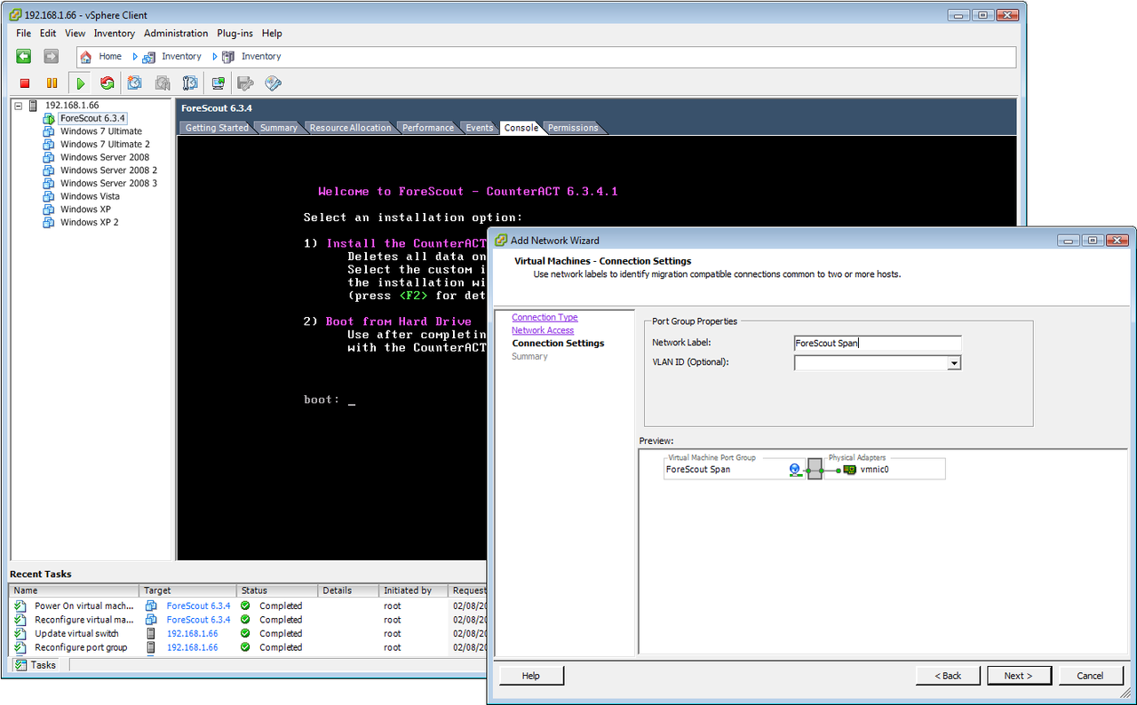 Virtual appliance installation is straightforward and CounterACT requires a dedicated virtual switch for its span port.