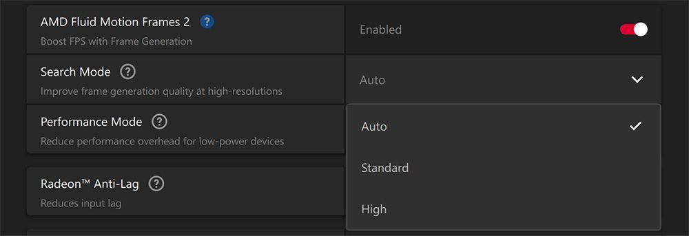 AMD promotional images for AMD Fluid Motion Frames 2, including settings options in the Adrenalin software package