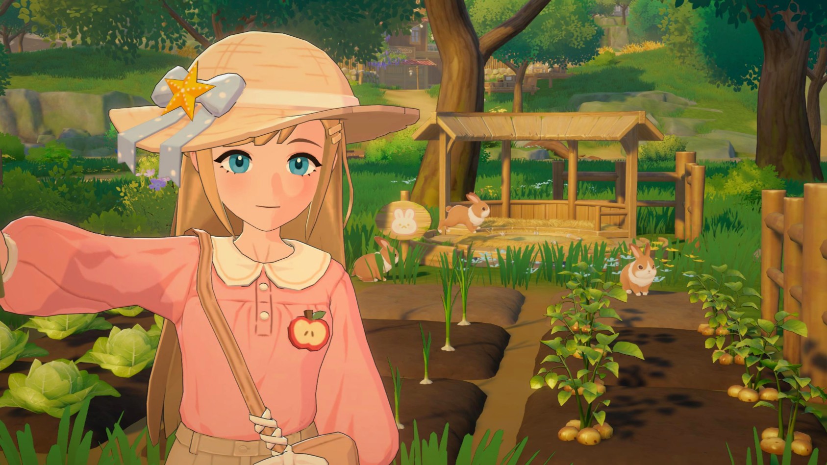 Starsand Island - A player takes a selfie in front of planted crops and bunnies