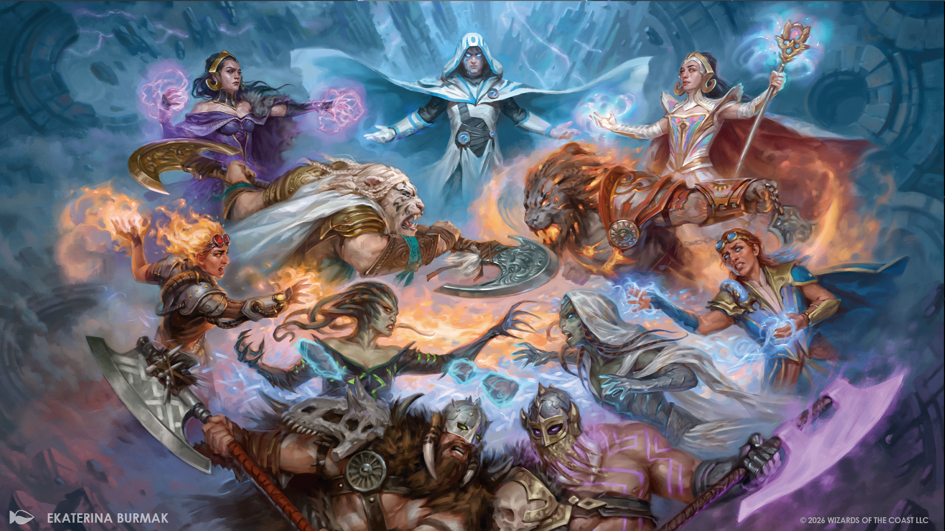 MTG characters and their Echoverse doppelgangers face off against each other, with Jace in white robes at the center