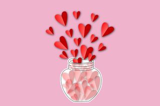 A pink background with a illustration of a glass jar with red and pink hearts inside of it and coming out of it.