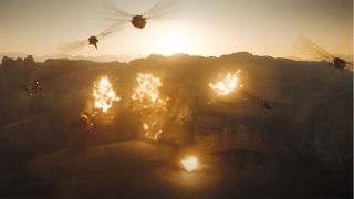 Still from the movie Dune: Part 2. Five aircraft that look like dragonflies are zooming about a sandy canyon. There are several big explosions down below.