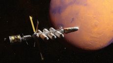An illustration of a white spacecraft with solar panels approaching an orange/red planet.
