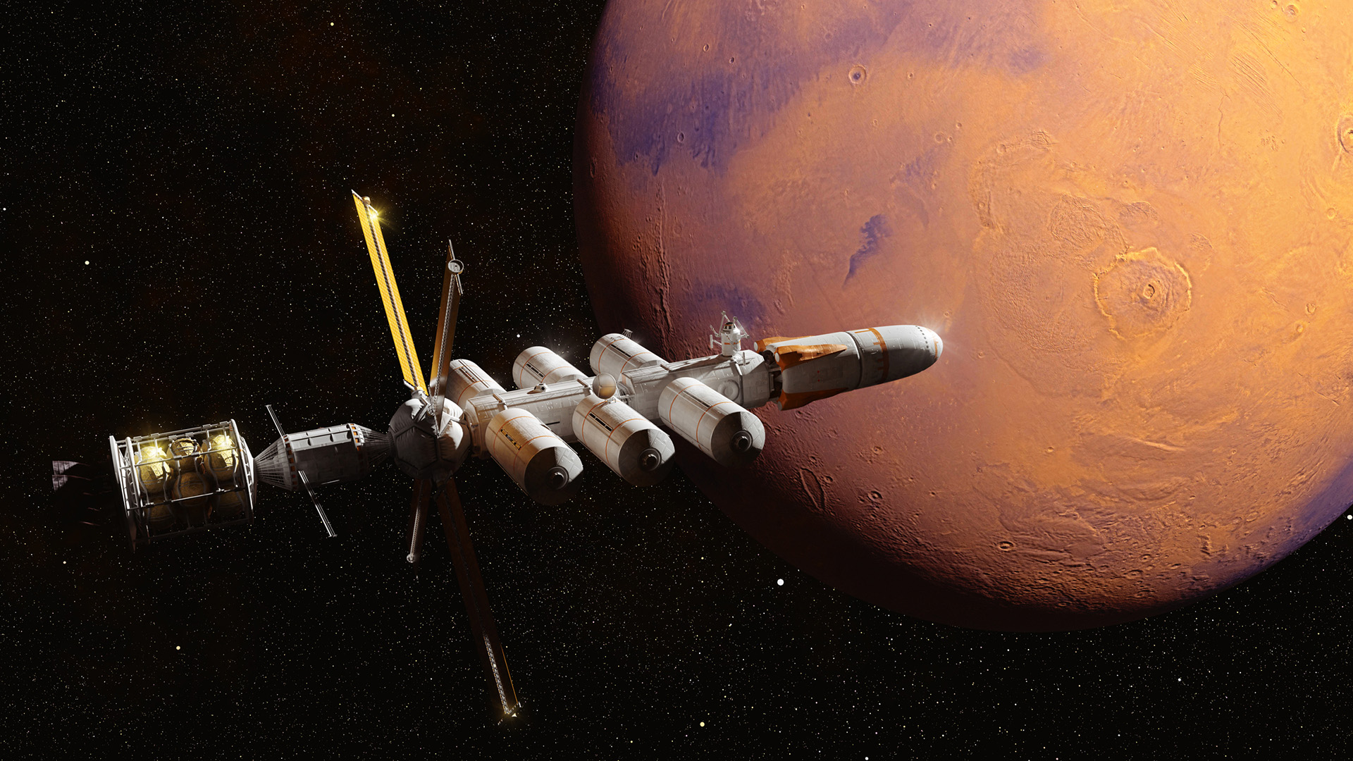 An illustration of a white spacecraft with solar panels approaching an orange/red planet.
