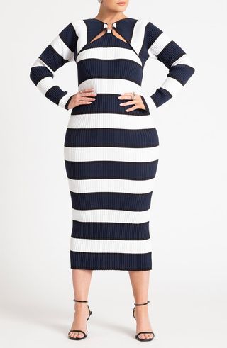 Stripe Long Sleeve Ribbed Sweater Dress