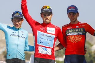 Alexey Lutsenko (Astana) takes centre stage on the final podium with Miguel Angel Lopez (Astana) and Gorka Izagirre (Bahrain-Merida)