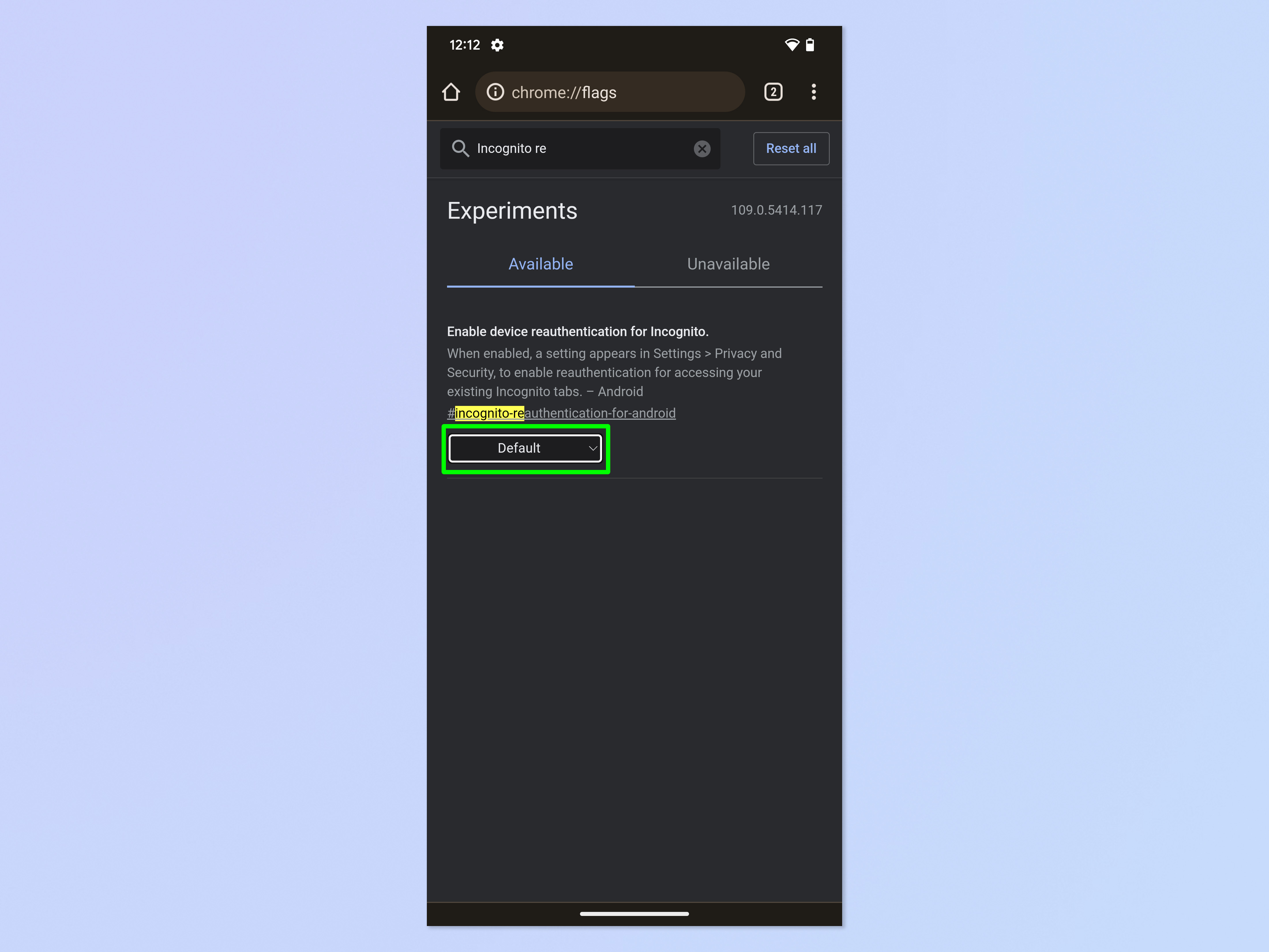 Una captura de pantalla que muestra cómo bloquear pestañas de incógnito en Chrome móvil