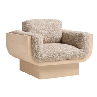 Crate & Barrel pedestal chair with beige upholstery 