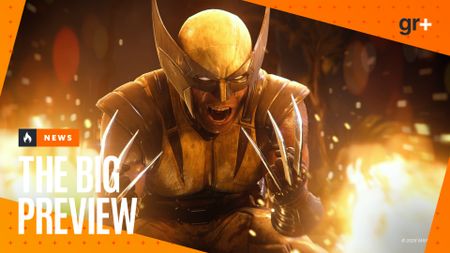 In Marvel's Wolverine, Logan roars in his yellow and black suit, flames surrounding him as his claws retract, with the orange GamesRadar Big Preview frame