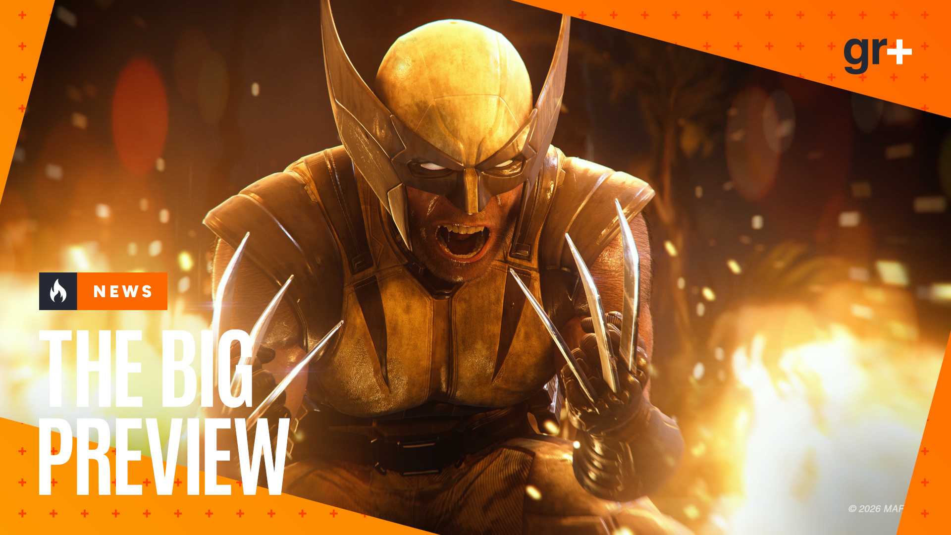 In Marvel's Wolverine, Logan roars in his yellow and black suit, flames surrounding him as his claws retract, with the orange GamesRadar Big Preview frame