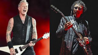 LEFT: James Hetfield onstage at the Metallica - M72 World Tour held at SoFi Stadium on August 25, 2023 in Los Angeles. RIGHT: Tony Iommi of Black Sabbath performs onstage on "The End Tour" at Nikon at Jones Beach Theater on August 17, 2016 in Wantagh, New York. 