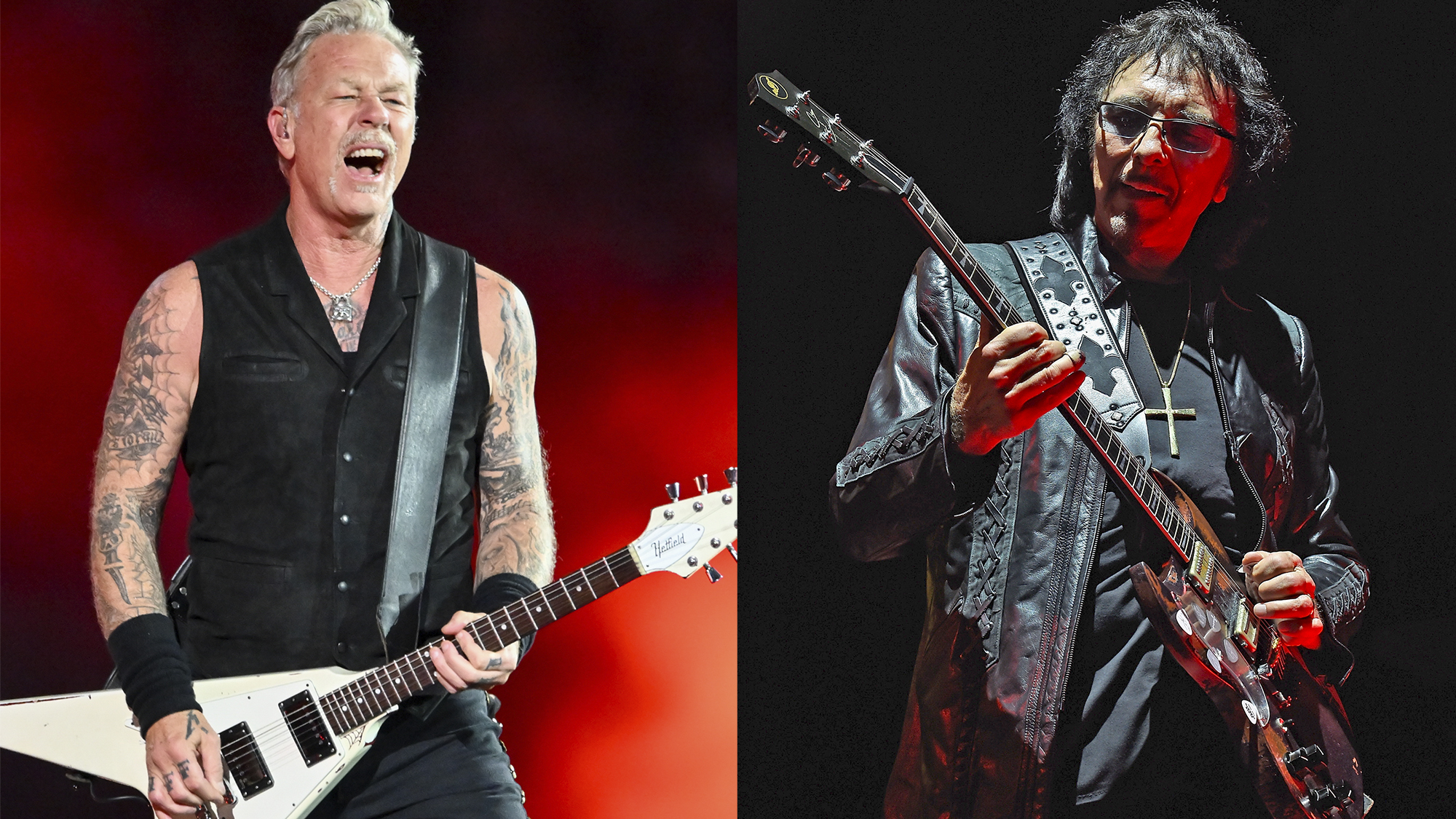 LEFT: James Hetfield onstage at the Metallica - M72 World Tour held at SoFi Stadium on August 25, 2023 in Los Angeles. RIGHT: Tony Iommi of Black Sabbath performs onstage on "The End Tour" at Nikon at Jones Beach Theater on August 17, 2016 in Wantagh, New York. 