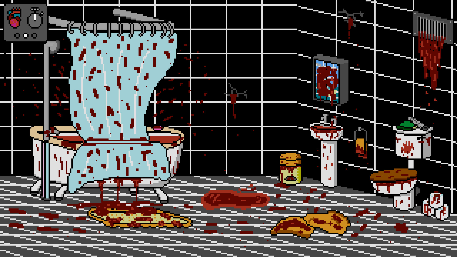 The bathroom in You've Changed has become a bloodbath, with the tiles dark