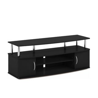 A black TV stand with chrome handles and finishes