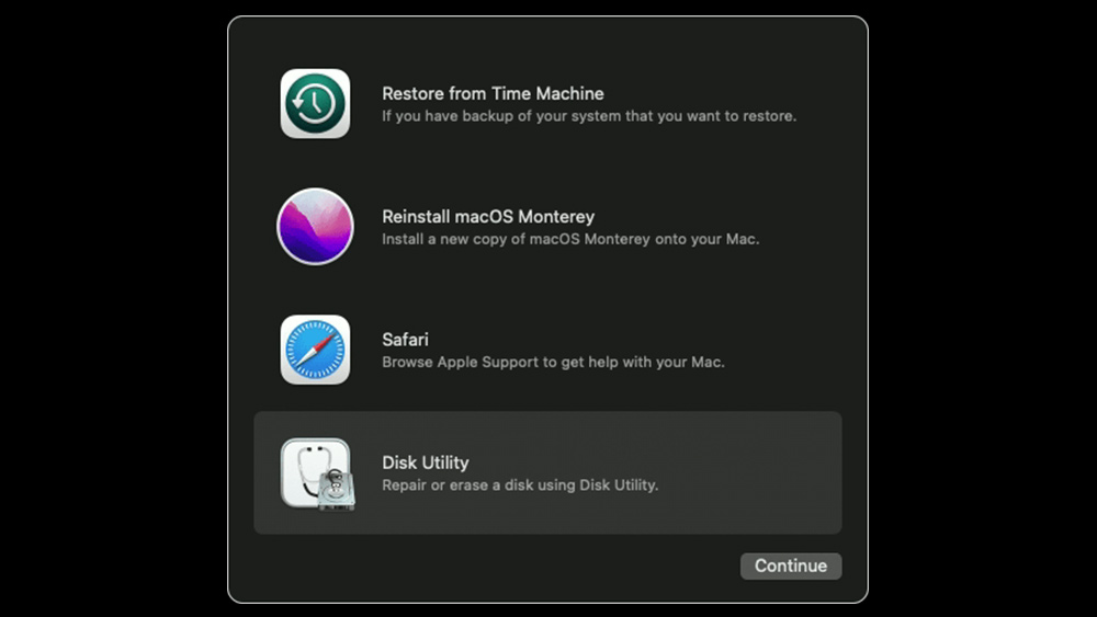 Näyttökuva MacBook Disk Utility -vaihtoehdosta