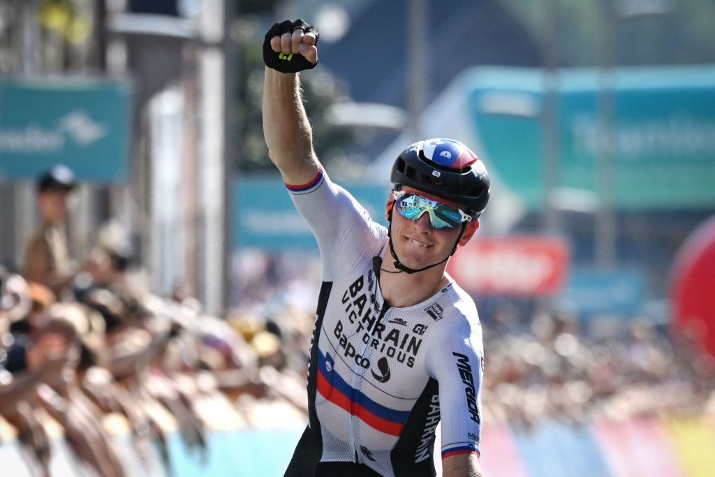 Bahrain Victorious teams Slovenian Matej Mohoric celebrates as he crosses the finish line to win the seventh and last stage of the Benelux cycling tour from Namur to Geraardsbergen 1809 kmon September 5 2021 Belgium OUT Photo by DAVID STOCKMAN BELGA AFP Belgium OUT Photo by DAVID STOCKMANBELGAAFP via Getty Images