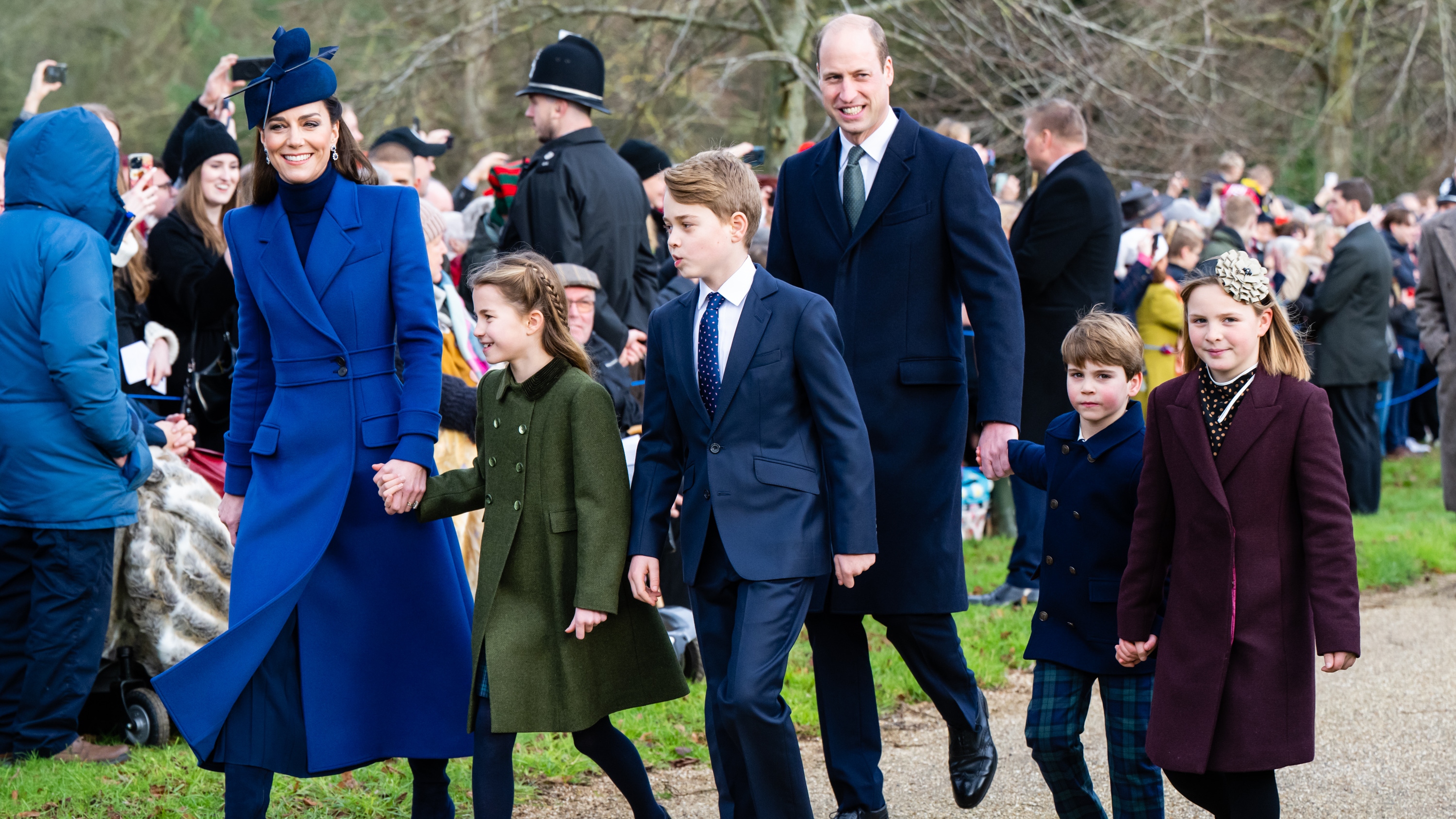 Catherine, Princess of Wales, Princess Charlotte of Wales, Prince George of Wales, Prince William, Prince of Wales, Prince Louis of Wales and Mia Tindall attend Christmas Morning Service at Sandringham Church on December 25, 2023