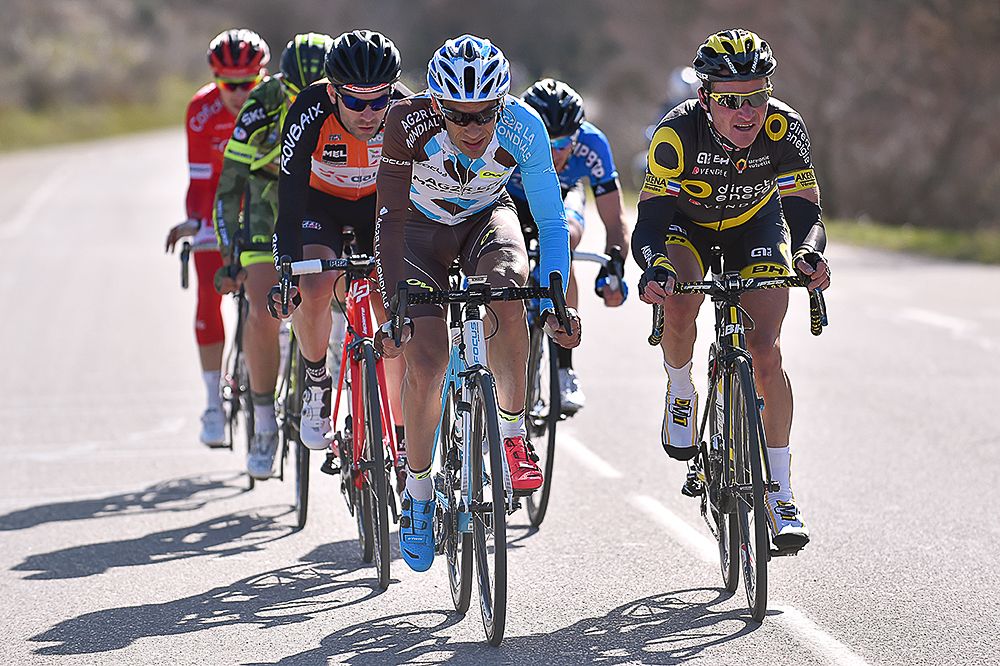 Jean-Christophe Peraud and Thomas Voeckler lead the day's breakaway.