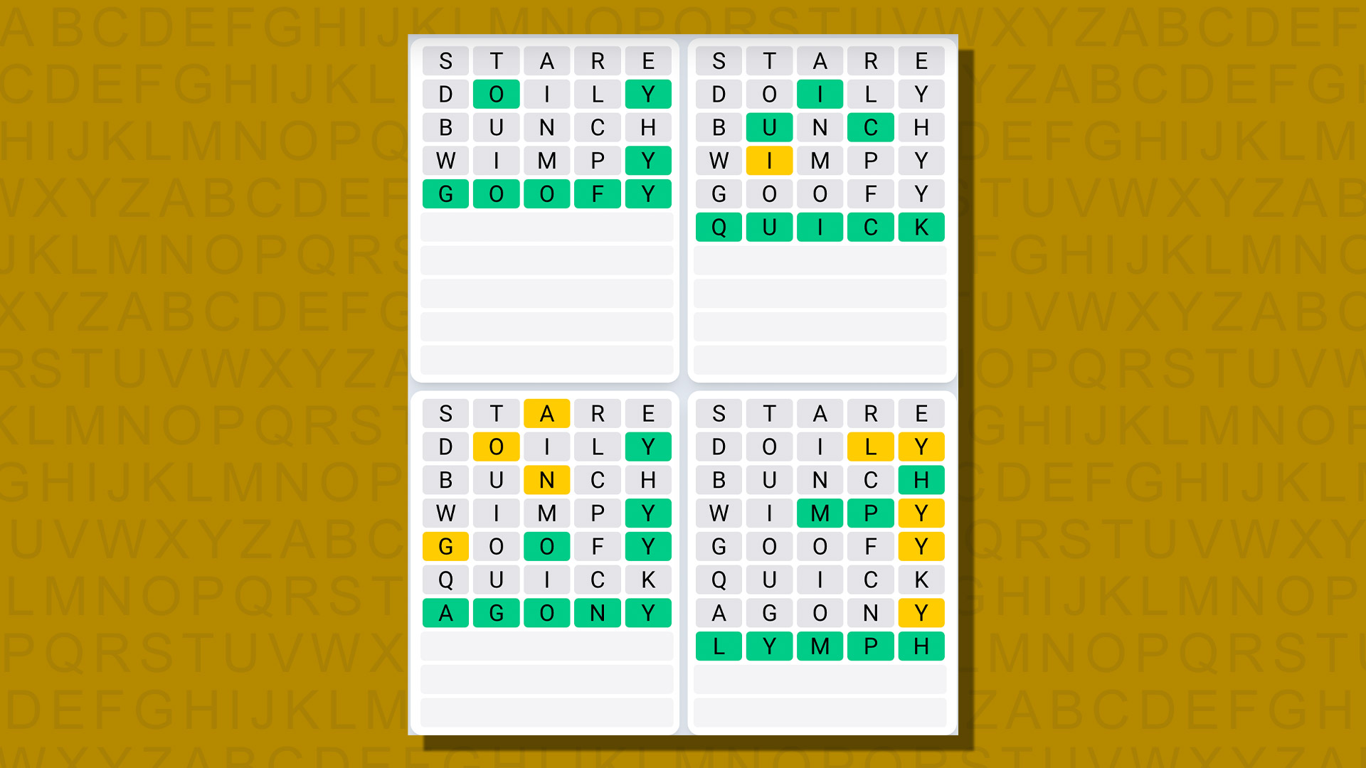 Respuestas de secuencia diaria de Quordle para el juego 741 sobre un fondo amarillo