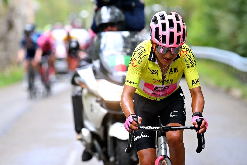 LLEX MONTSJURA FRANCE AUGUST 02 Alexander Cepeda of Ecuador and Team EF EducationEasypost Yellow leader jersey competes during the 35th Tour de lAin 2023 Stage 3 a 137km stage from Oyonnax to Llex MontsJura 898m on August 02 2023 in Llex MontsJura France Photo by Luc ClaessenGetty Images