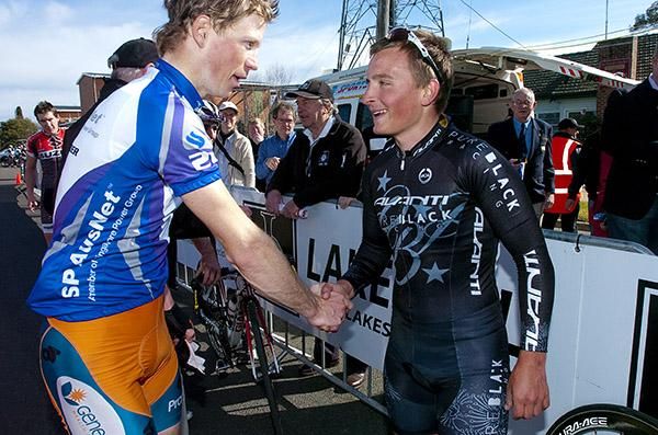 Not bad for a kiwi: Patrick Shaw (left) of Genesys Wealth Advisers congratulates Alexander Ray (Pure Black Racing) on his stage win in Bairnsdale.