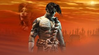 The Nameless One from Planescape Torment looks anguished in front of an orange background.