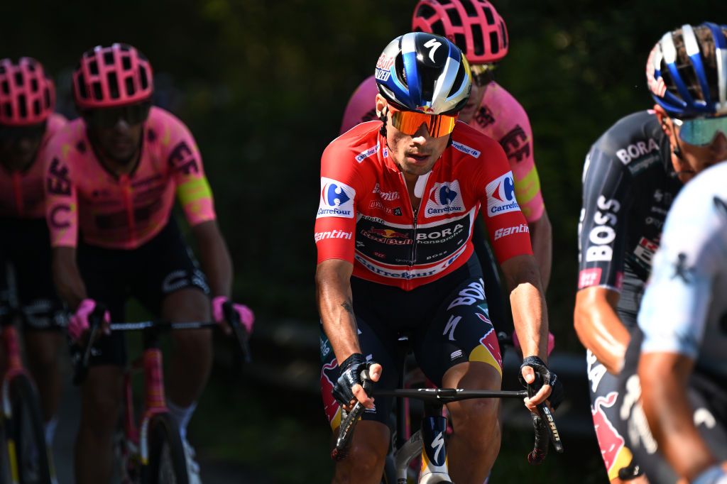 PICON BLANCO BURGOS SPAIN SEPTEMBER 07 Primoz Roglic of Slovenia and Team Red Bull Bora hansgrohe Red Leader Jersey competes during the La Vuelta 79th Tour of Spain 2024 Stage 20 a 172km stage from Villarcayo to Picon Blanco 1491m UCIWT on September 07 2024 in Picon Blanco Burgos Spain Photo by Tim de WaeleGetty Images