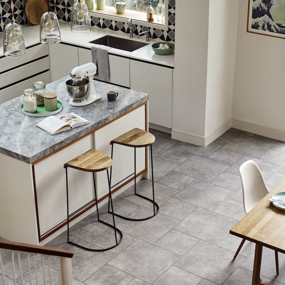 kitchen room with tiled flooring and kitchen worktop