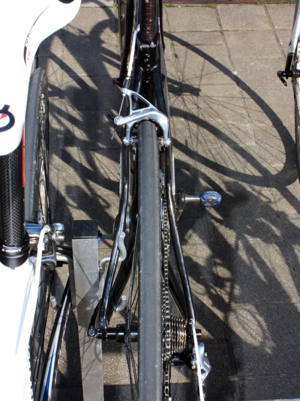 Seat stays on the new Project Black frame take a straighter path towards the dropouts when viewed from the rear as compared to the Roubaix SL2.
