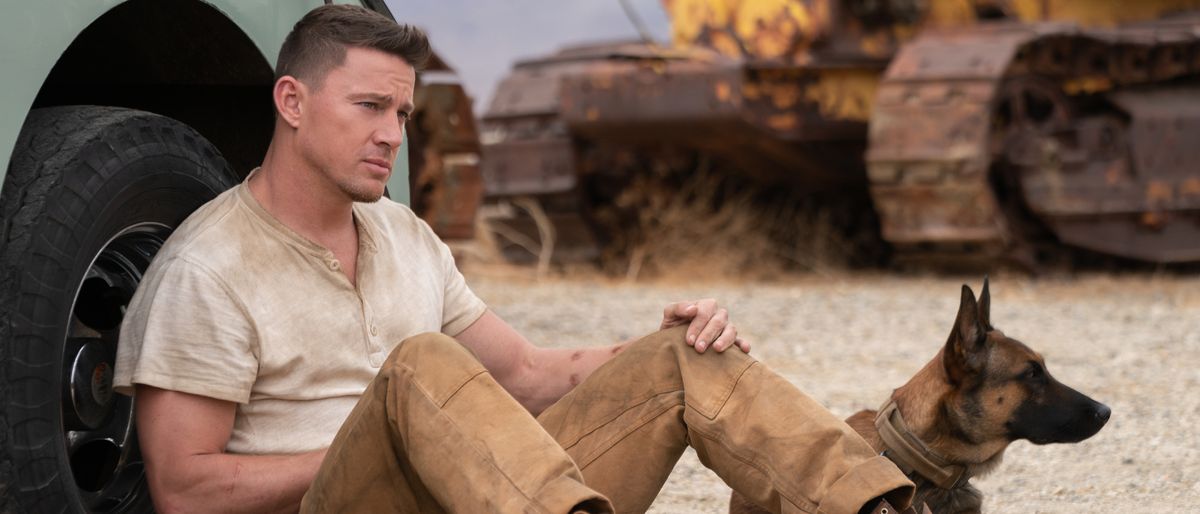 Channing Tatum sits on the ground with his canine companion in Dog.