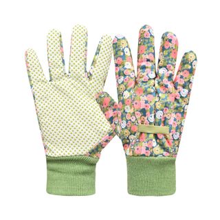 pair of gardening gloves. One side is cream with green dots and a green wrist band, and the other side is floral with a green wrist band