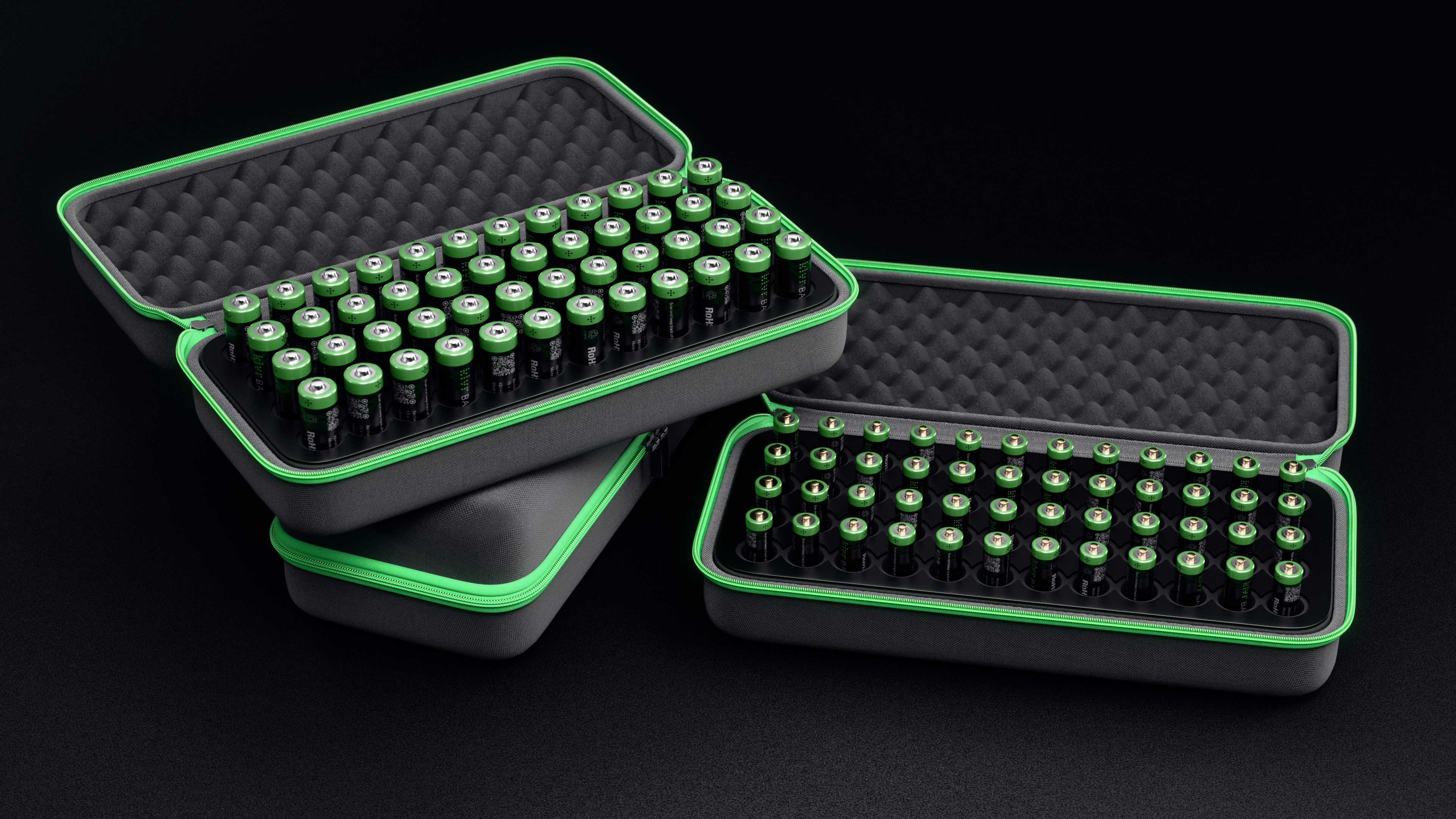 The Klvr Charger Pro with a neon green hard case and many neon green rechargeable batteries. 